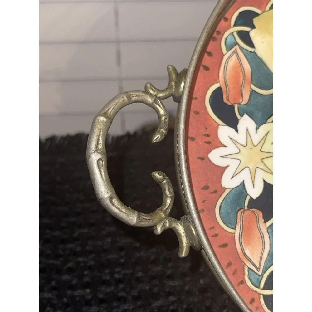 Vintage Gesetzlich‎ geschutzt Tray With Floral Porcelain/Enamel & Metal Frame